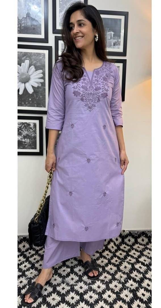 Purple Khadi Flex Cotton Embroidered Suit Set